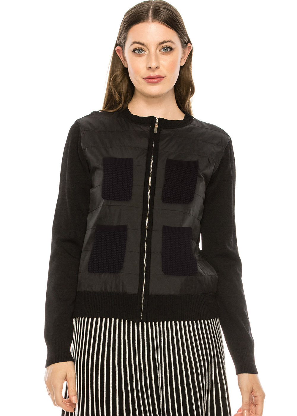 Front-Pocketed Black Cardigan in Quilted Design