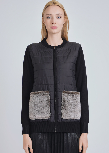 Black Cardigan with Quilted Base & Fur Pockets
