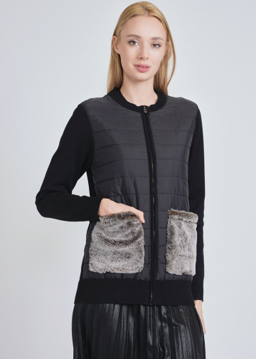 Black Cardigan with Quilted Base & Fur Pockets