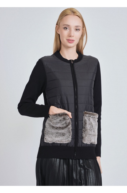 Black Cardigan with Quilted Base & Fur Pockets