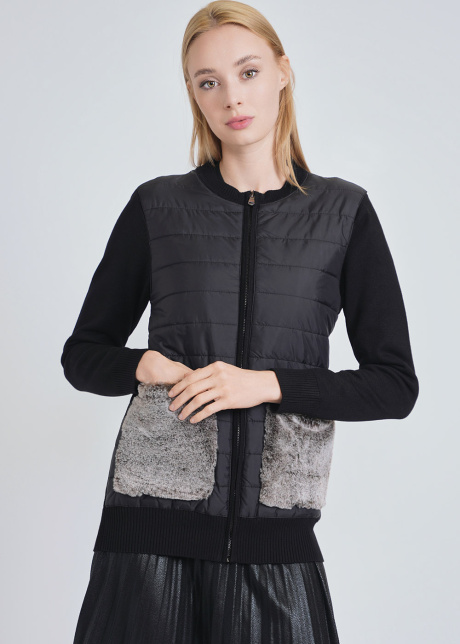 Black Cardigan with Quilted Base & Fur Pockets