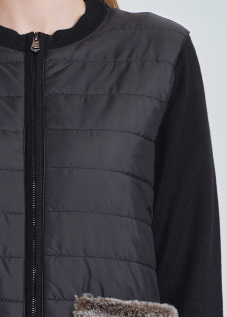 Black Cardigan with Quilted Base & Fur Pockets
