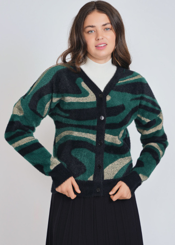 Mixed Green and Black Furry Knit Cardigan