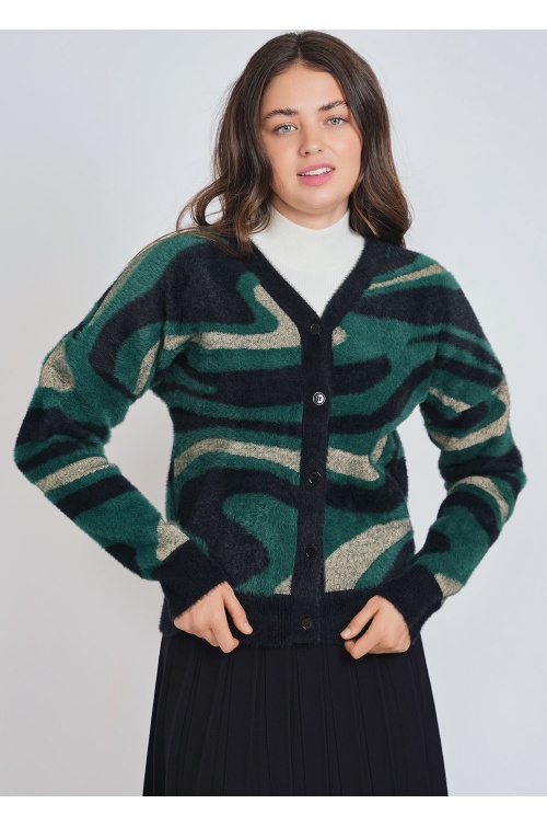 Mixed Green and Black Furry Knit Cardigan