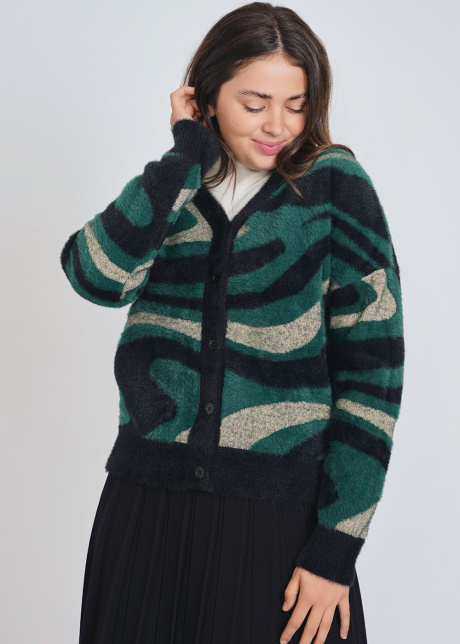 Mixed Green and Black Furry Knit Cardigan