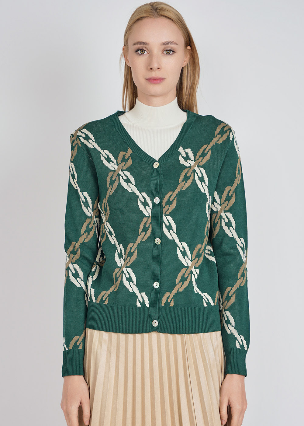 Buttoned Green Cardigan with Elegant Chain Motif