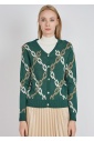 Buttoned Green Cardigan with Elegant Chain Motif
