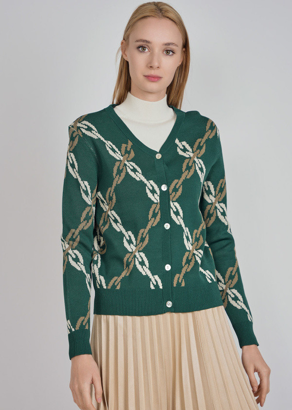 Buttoned Green Cardigan with Elegant Chain Motif