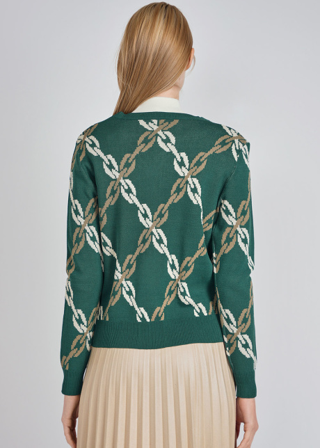Buttoned Green Cardigan with Elegant Chain Motif