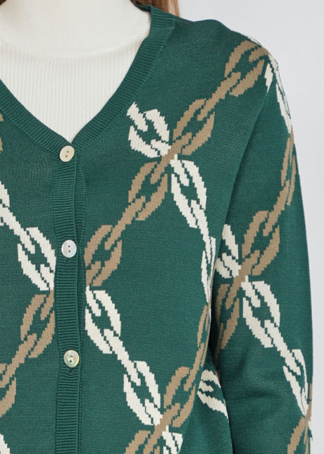 Buttoned Green Cardigan with Elegant Chain Motif