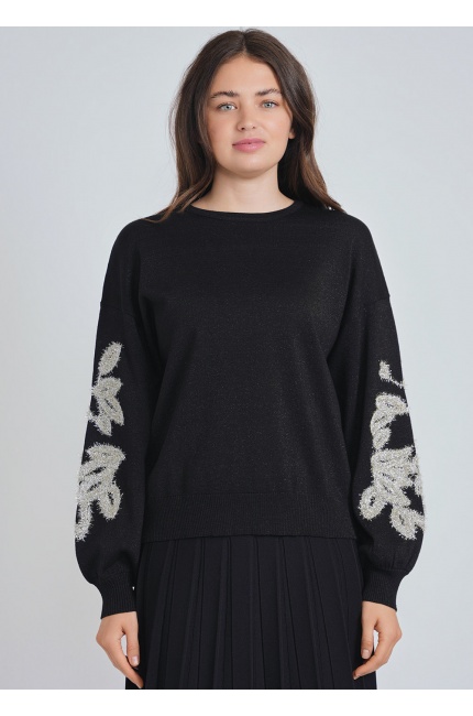 Sparkling Accents on Dramatic Sleeves Black Sweater