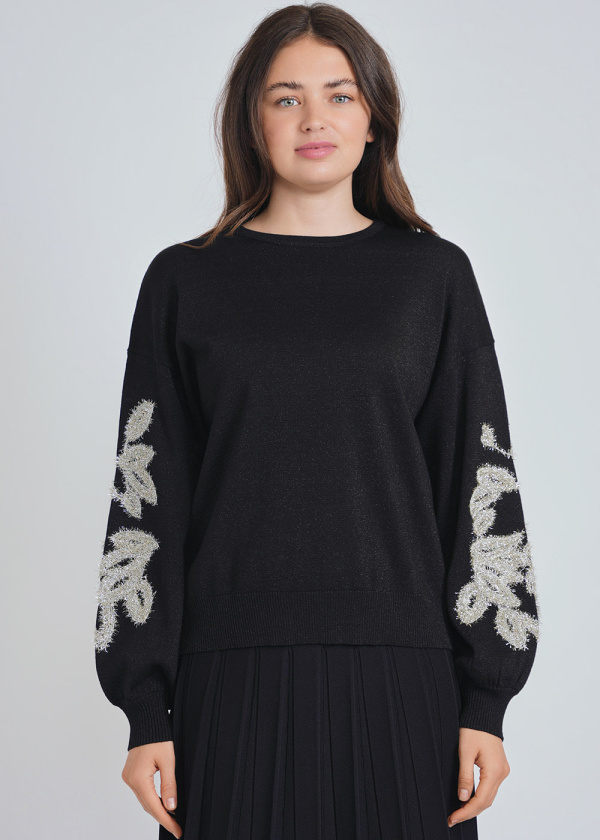 Sparkling Accents on Dramatic Sleeves Black Sweater