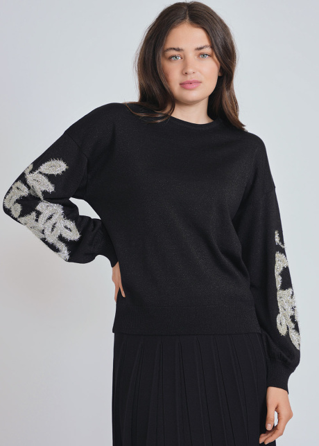 Sparkling Accents on Dramatic Sleeves Black Sweater