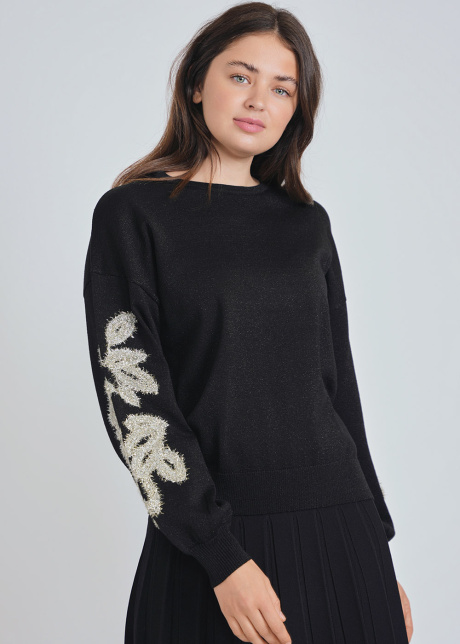 Sparkling Accents on Dramatic Sleeves Black Sweater