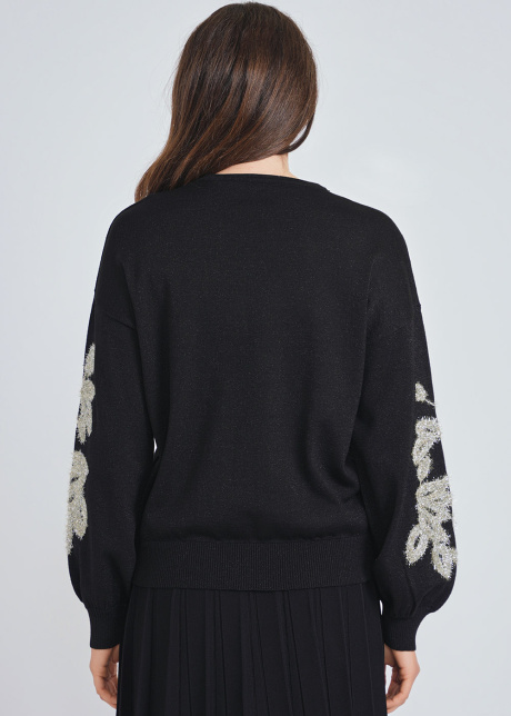 Sparkling Accents on Dramatic Sleeves Black Sweater