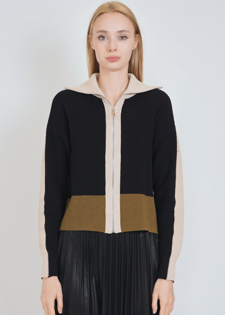 Black Cardigan with Elevated Neck & Creamy Touches