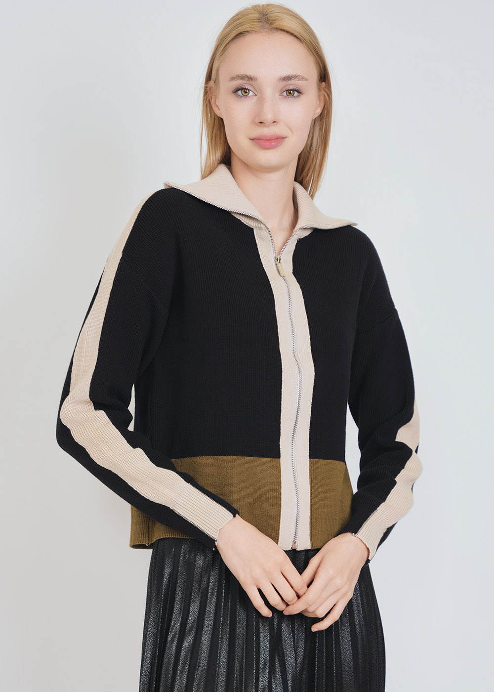 Black Cardigan with Elevated Neck & Creamy Touches