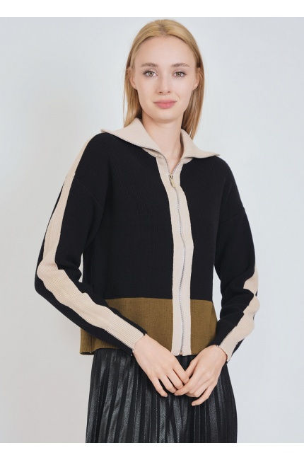 Black Cardigan with Elevated Neck & Creamy Touches
