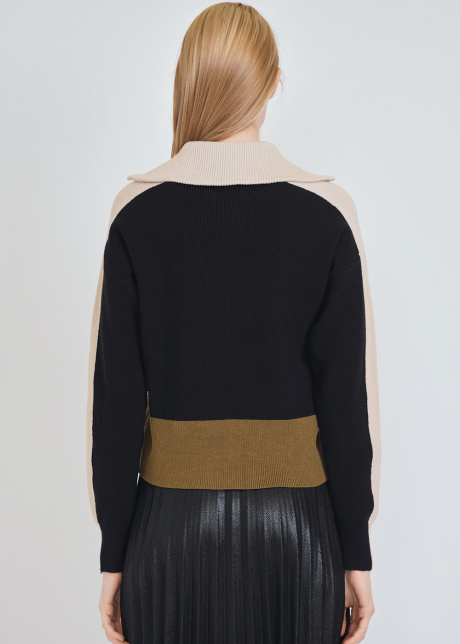 Black Cardigan with Elevated Neck & Creamy Touches