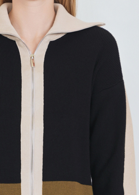 Black Cardigan with Elevated Neck & Creamy Touches