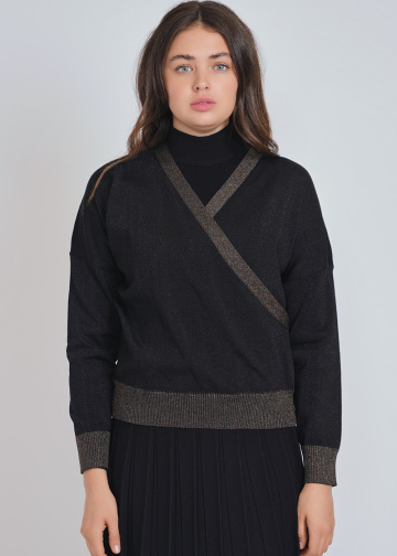 Black V-Neck Sweater with Brown Edges