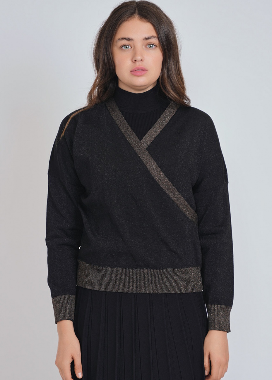 Black V-Neck Sweater with Brown Edges