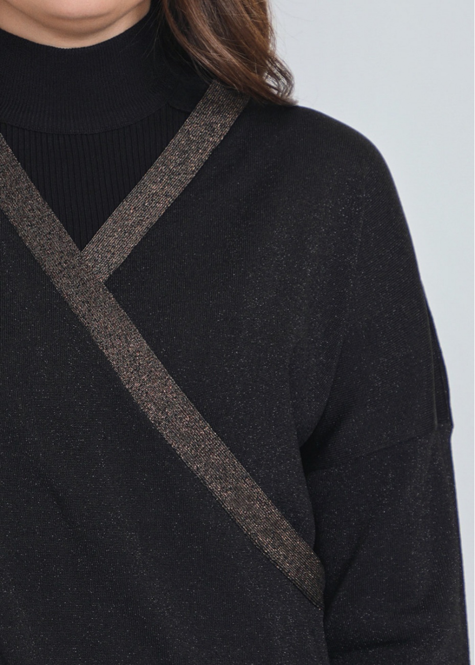 Black V-Neck Sweater with Brown Edges