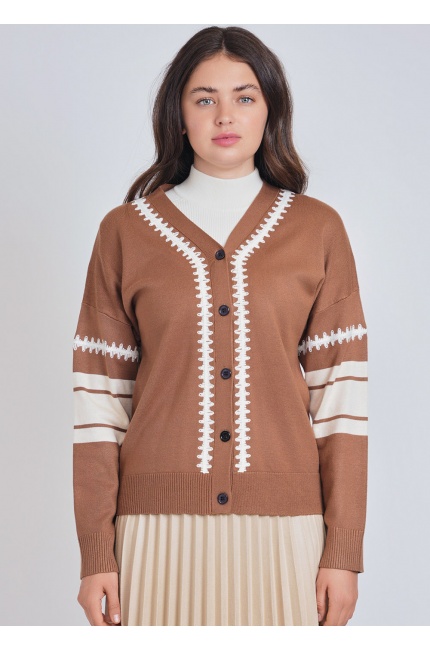 Buttoned Camel Cardigan with White Patterns
