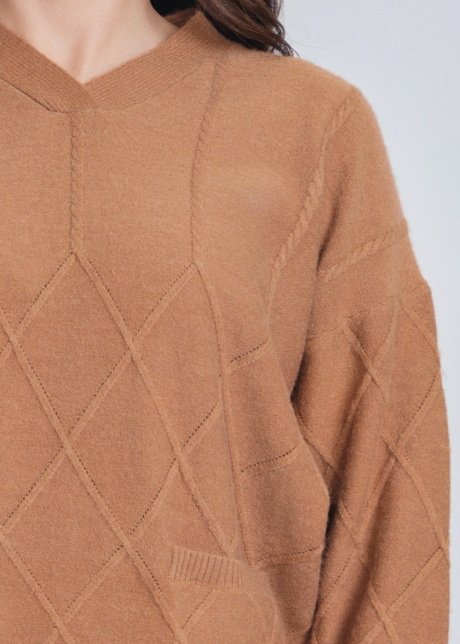 Elegant Camel Top with V-Neck & Geometric Accent