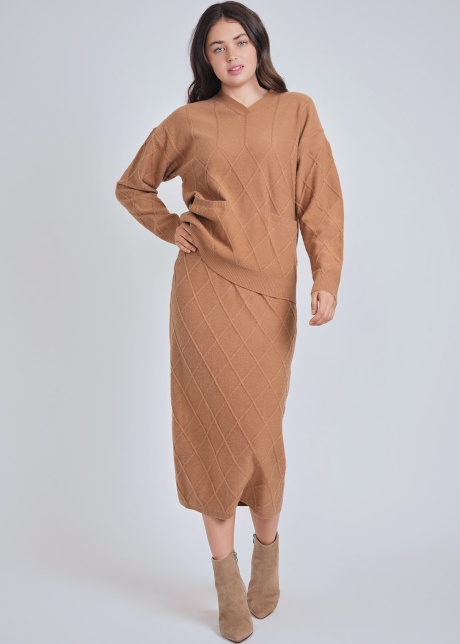 Elegant Camel Top with V-Neck & Geometric Accent