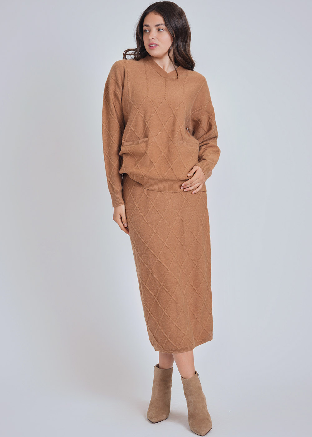 Warm Camel Skirt with Geometric Knit