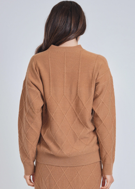 Elegant Camel Top with V-Neck & Geometric Accent