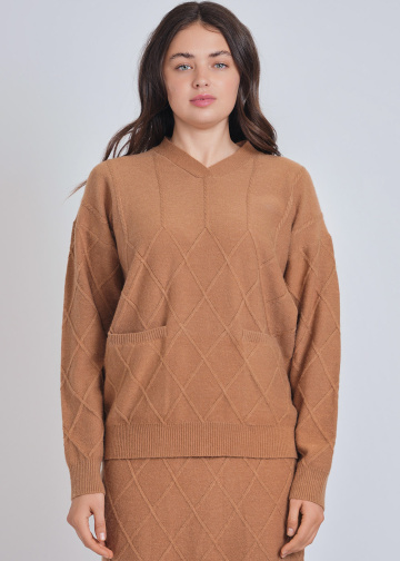 Elegant Camel Top with V-Neck & Geometric Accent