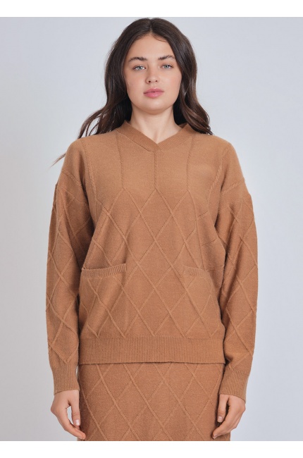 Elegant Camel Top with V-Neck & Geometric Accent