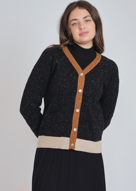 Soft Black Cardigan: Timeless Specks and Cozy Camel Finishes