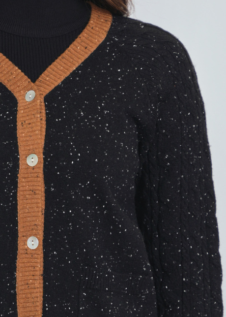 Soft Black Cardigan: Timeless Specks and Cozy Camel Finishes