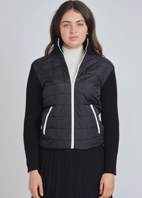 Zippered Black Cardigan with Quilted Elegance & Stand Neck