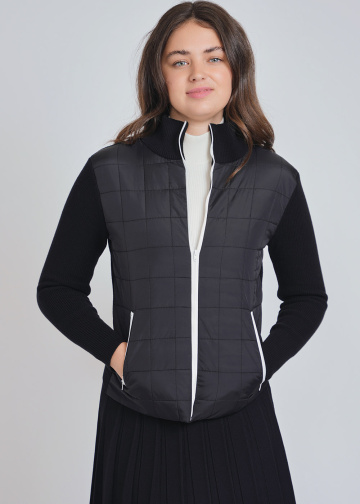 Zippered Black Cardigan with Quilted Elegance & Stand Neck