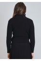 Zippered Black Cardigan with Quilted Elegance & Stand Neck