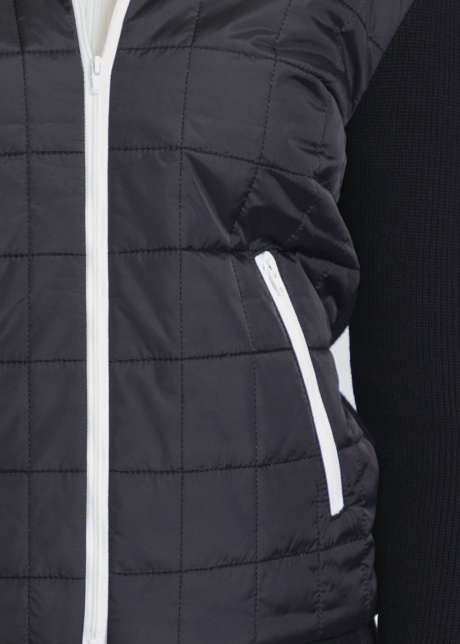 Zippered Black Cardigan with Quilted Elegance & Stand Neck