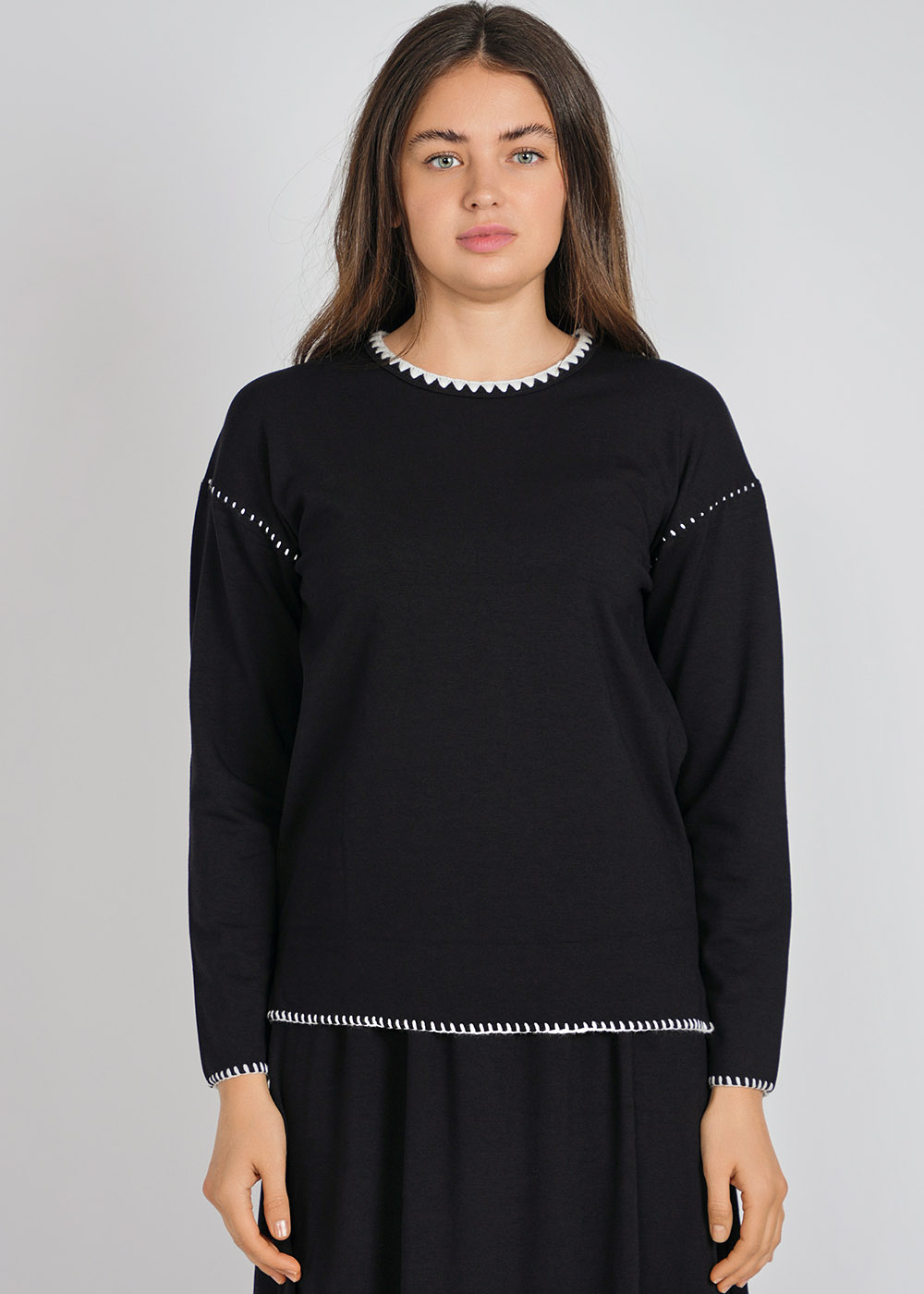 Classic Black Knit T-Shirt with White Outline