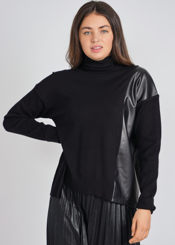 Relaxed Black Sweater with Side Leather Flair