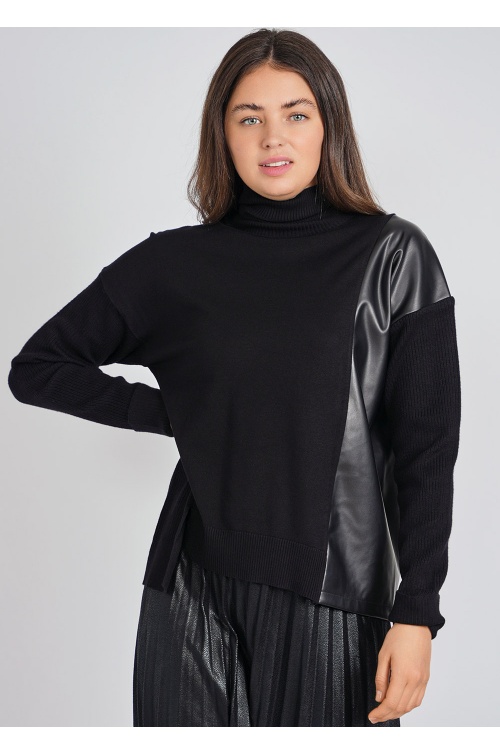Relaxed Black Sweater with Side Leather Flair