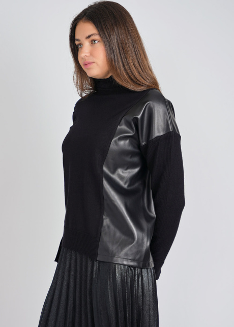 Relaxed Black Sweater with Side Leather Flair