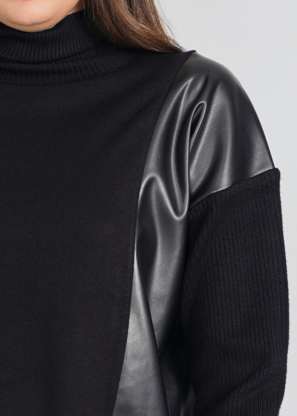 Relaxed Black Sweater with Side Leather Flair