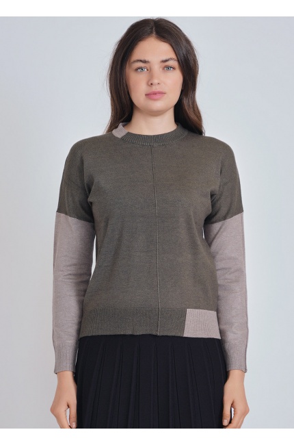 Olive Sweater with Modern Color Block Design