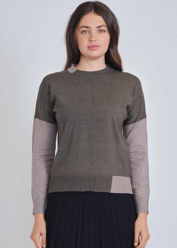 Olive Sweater with Modern Color Block Design