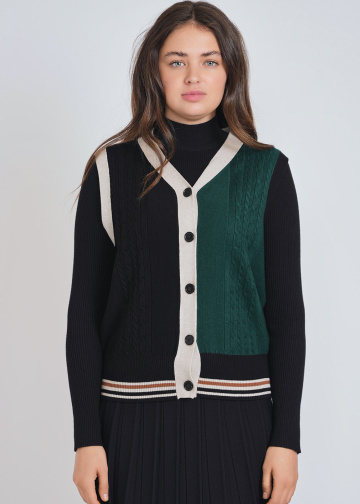 Textured Elegance: Black and Green Cable Knit Vest