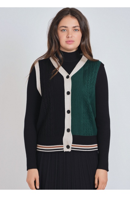 Textured Elegance: Black and Green Cable Knit Vest