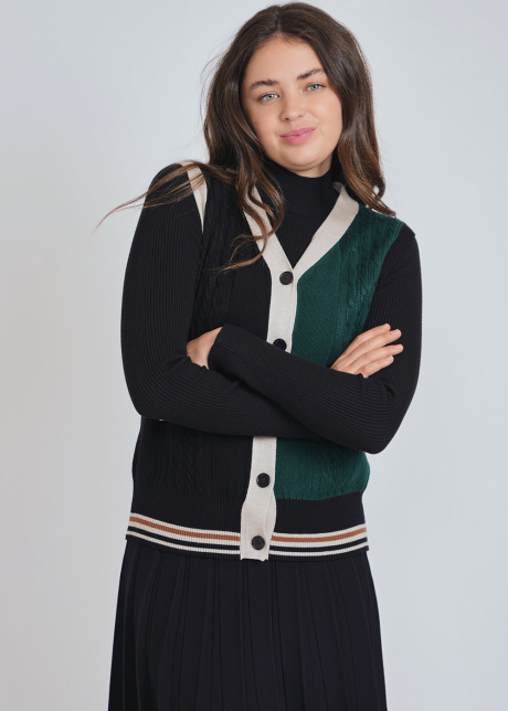 Textured Elegance: Black and Green Cable Knit Vest